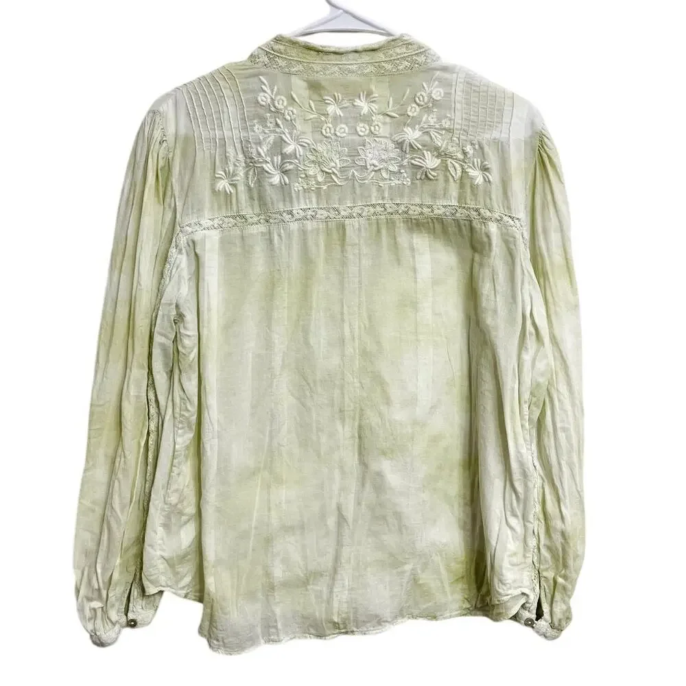 LoveShackFancy Ronda Embroidered Long Sleeve Blouse Floral Green Tie‎ Dye Size L